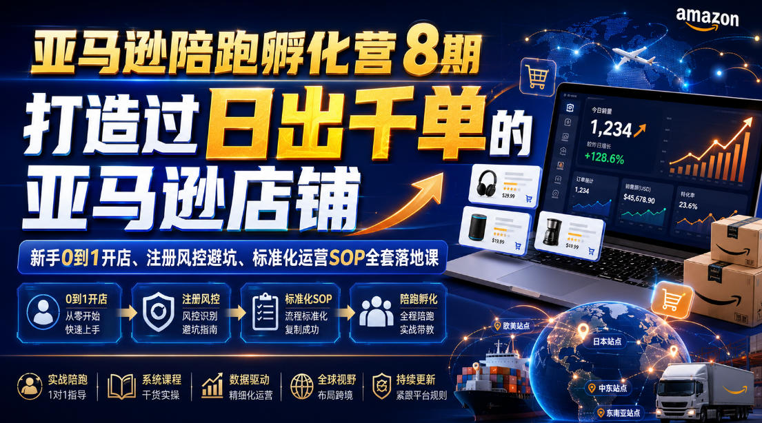 亚马逊陪跑孵化营8期，打造过日出千单的亚马逊店铺，新手0到1开店、注册风控避坑、标准化运营SOP全套落地课-项目汇