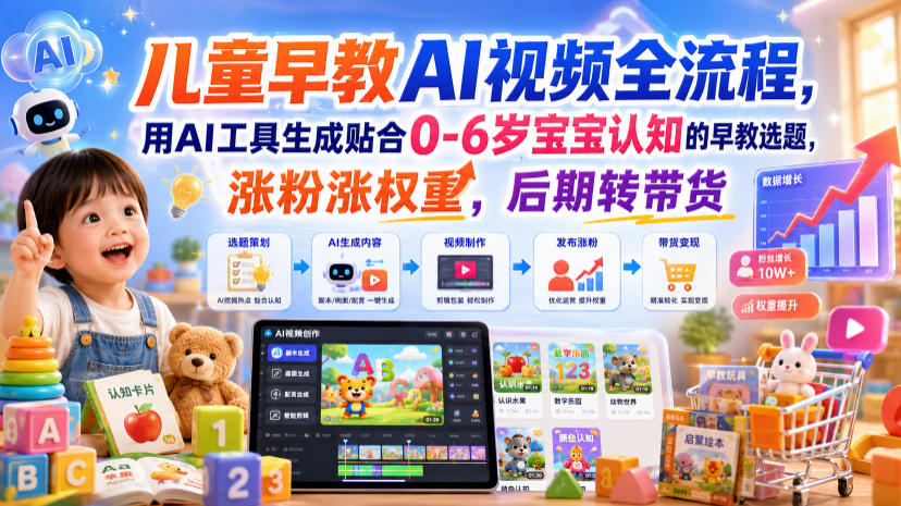 儿童早教AI视频全流程，用AI工具生成贴合0-6岁宝宝认知的早教选题，涨粉涨权重，后期转带货-项目汇