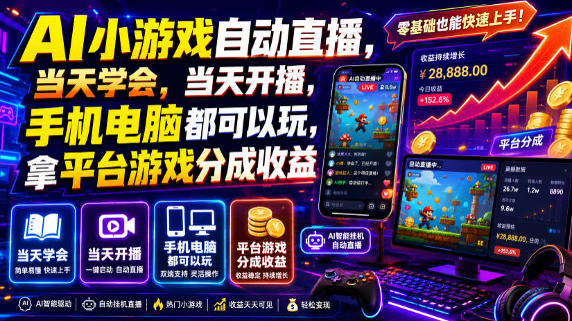 AI小游戏自动直播,当天学会,当天开播,手机电脑都可以玩,拿平台游戏分成收益-项目汇