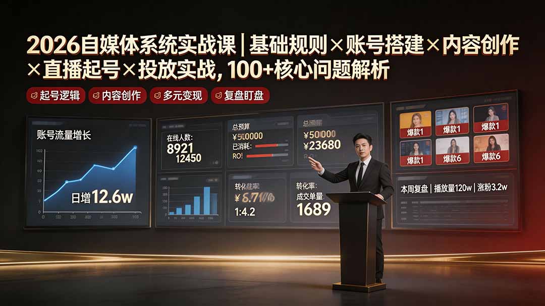 2026自媒体系统实战课｜基础规则×账号搭建×内容创作×直播起号×投放实战，100+核心问题解析-项目汇