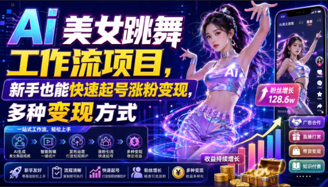 Ai美女跳舞工作流项目,新手也能快速起号涨粉变现,多种变现方式-项目汇