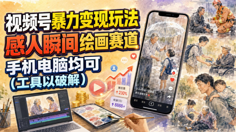 视频号暴力变现玩法，感人瞬间绘画赛道，手机电脑均可-项目汇