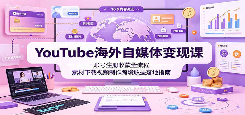 YouTube海外自媒体变现课:账号注册收款全流程,素材下载视频制作跨境收益落地指南-项目汇