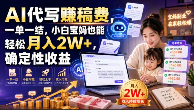 AI代写賺稿费，一单一结，小白宝妈也能轻松月入2W+，确定性收益【揭秘】-项目汇
