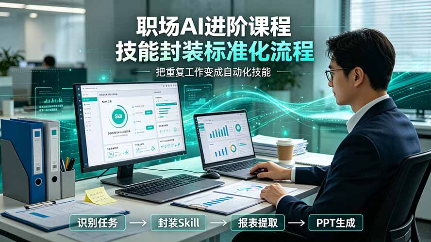 职场AI进阶课程;多类实用Skill工具实操,专属技能封装标准化流程,报表行业报告一键提取核心内容-项目汇