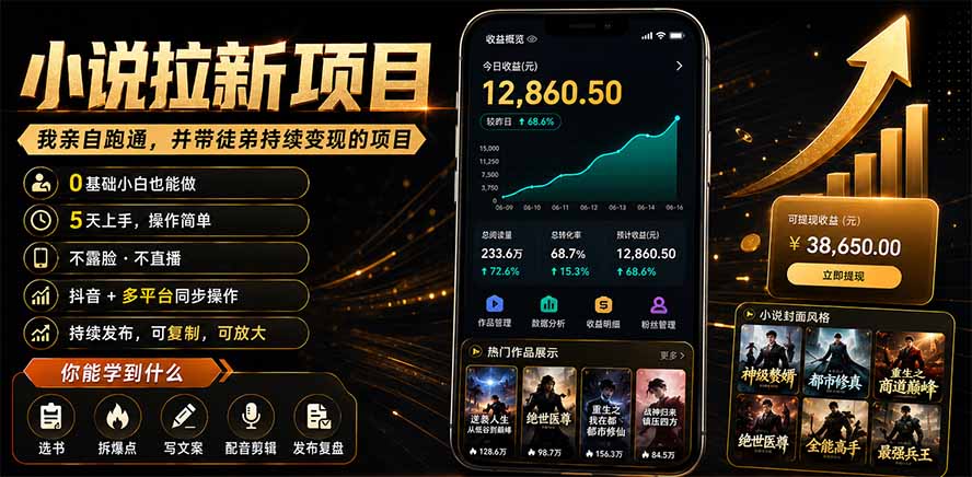 抖音及多平台小说拉新项目:我亲自跑通并持续带徒弟实操|0基础小白5天上手快速变现-项目汇