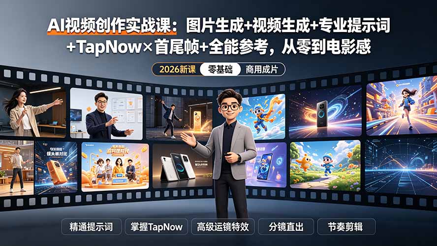 AI视频创作实战课:图片生成+视频生成+专业提示词+TapNow×首尾帧+全能参考,从零到电影感成片-项目汇