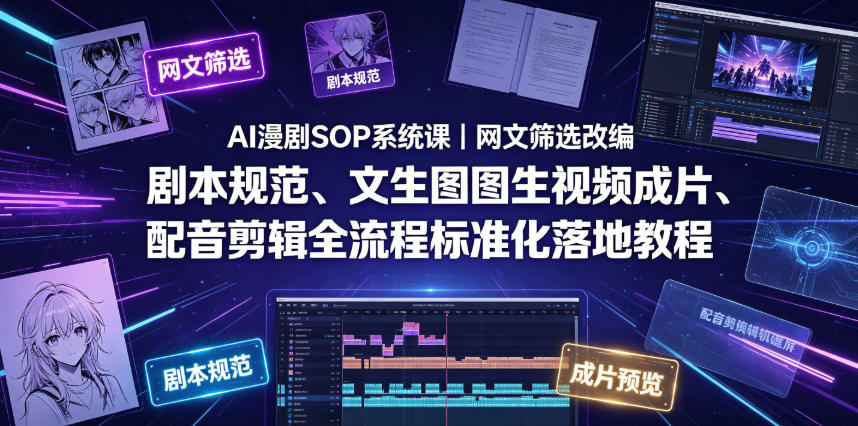 AI漫剧SOP系统课|网文筛选改编、剧本规范、文生图图生视频成片、配音剪辑全流程标准化落地教程(更新)-项目汇
