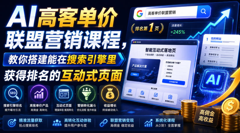 AI高客单价联盟营销课程,教你搭建能在搜索引擎里获得排名的互动式页面,引来流量,把访客转化为高佣金的成交【原创双语字幕】-项目汇