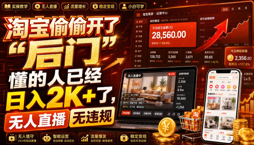 淘宝偷偷开了“后门”,懂的人已经日入2K+了,无人直播无违规,一台电脑=一家24小时营业的线上门店【揭秘】-项目汇