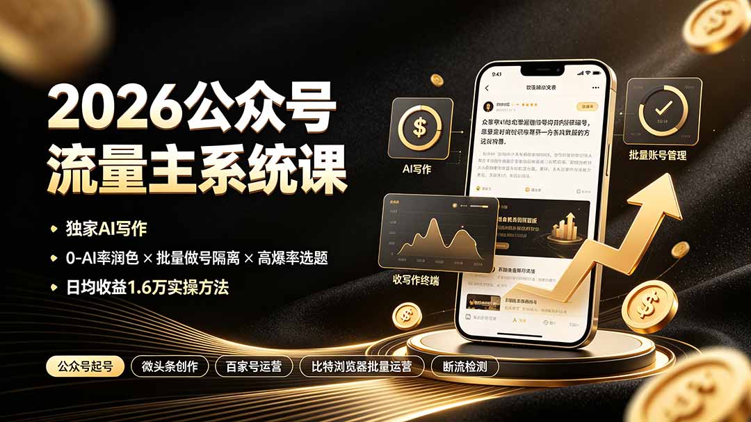 2026公众号流量主系统课：独家AI写作×0-AI率润色×批量做号隔离×高爆率选题，日均收益1.6万实操方法-项目汇