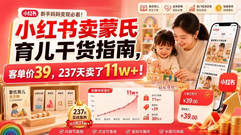 小红书卖蒙氏育儿干货指南，客单价39，237天卖了11w+！-项目汇
