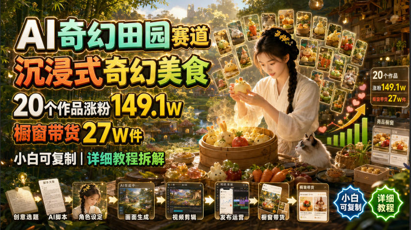 AI奇幻田园赛道,沉浸式奇幻美食,20个作品涨粉149.1W,橱窗带货27W件,小白可复制,详细教程拆解-项目汇