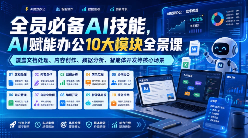 全员必备AI技能,AI赋能办公10大模块全景课,覆盖文档处理、内容创作、数据分析、智能体开发等核心场景-项目汇