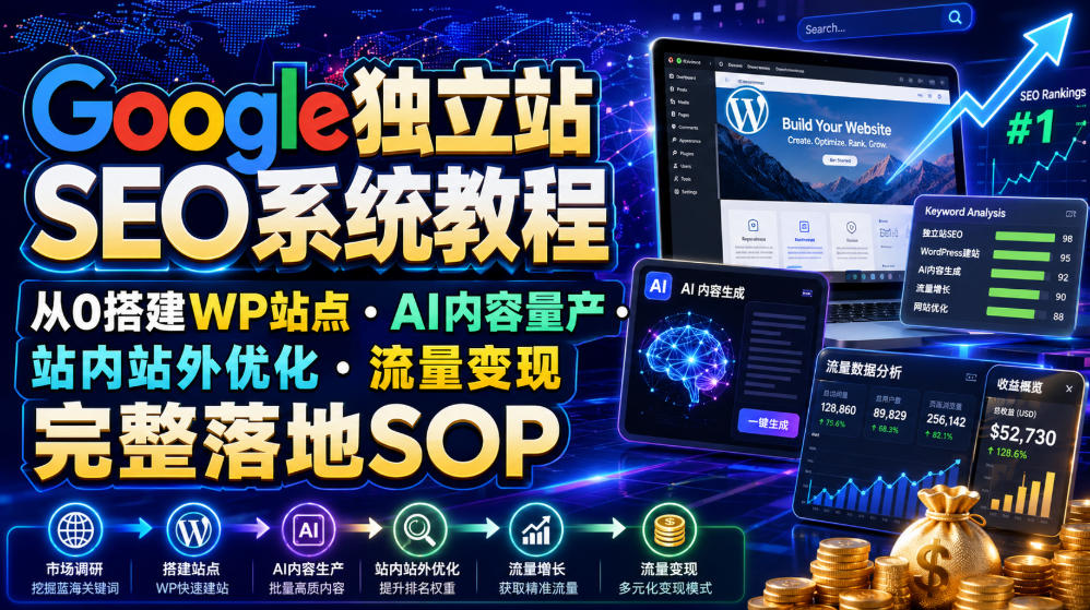 Google独立站SEO系统教程，从0搭建WP站点・AI内容量产・站内站外优化・流量变现完整落地SOP(2026年7月)-项目汇