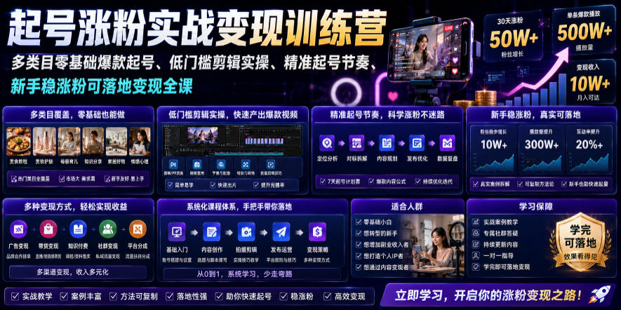 苗子起号涨粉实战变现训练营,多类目零基础爆款起号、精准起号节奏、新手稳涨粉可落地变现全课(更新0719)-项目汇