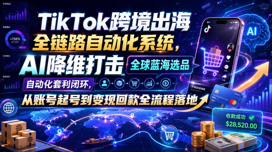 TikTok跨境出海全链路自动化系统，AI降维打击全球蓝海选品自动化套利闭环，从账号起号到变现回款全流程落地(2026年7月)-项目汇