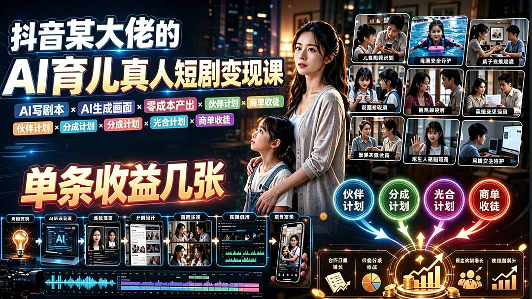 AI育儿真人短剧变现课:AI写剧本×AI生成画面×零成本产出×伙伴计划×分成计划×光合计划×商单收徒-项目汇