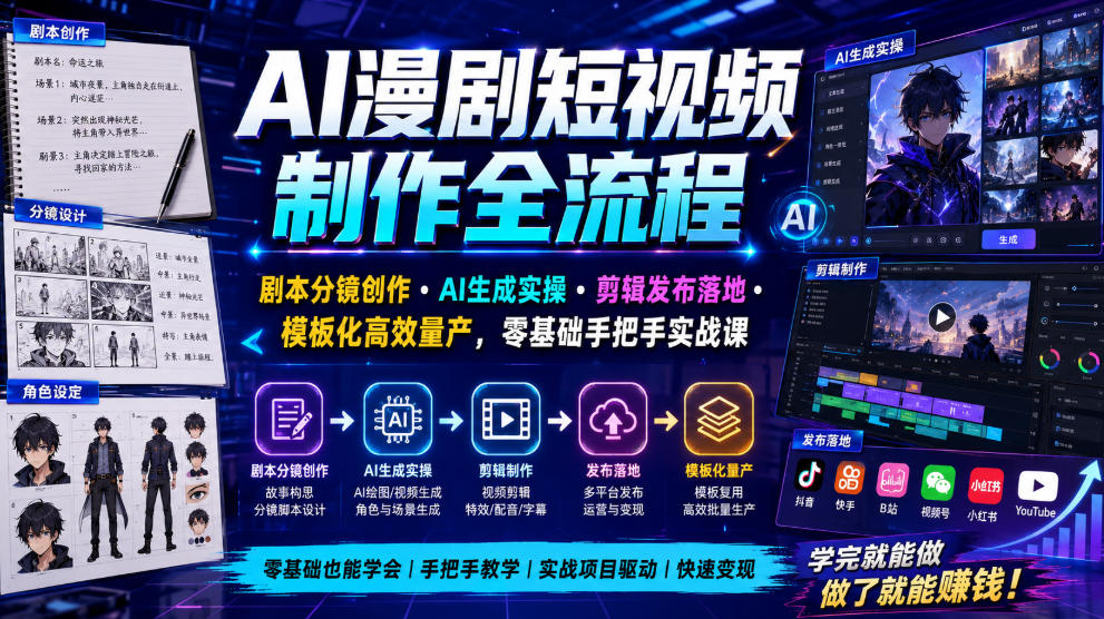 AI漫剧短视频制作全流程|剧本分镜创作・AI生成实操・剪辑发布落地・模板化高效量产,零基础手把手实战课-项目汇