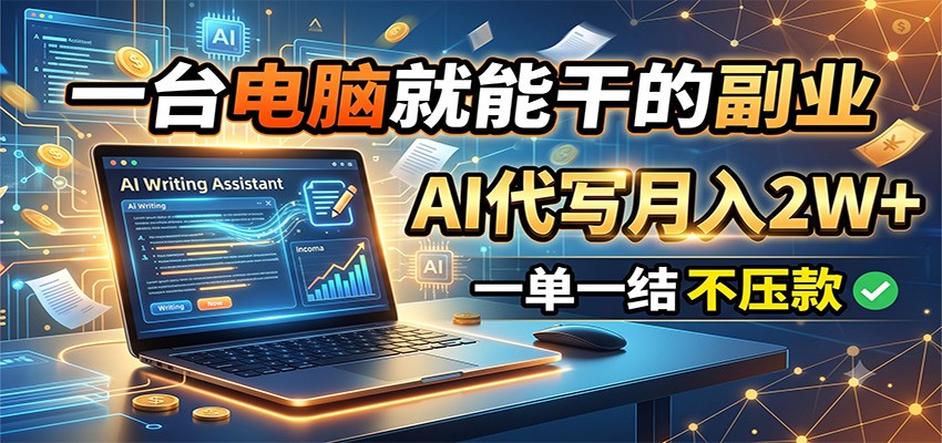 一台电脑就能干的副业，AI代写月入2W+，一单一结不压款-项目汇