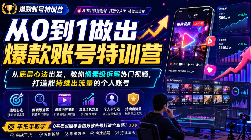 从0到1做出爆款账号特训营，从底层心法出发，教你像素级拆解热门视频，打造能持续出流量的个人账号-项目汇
