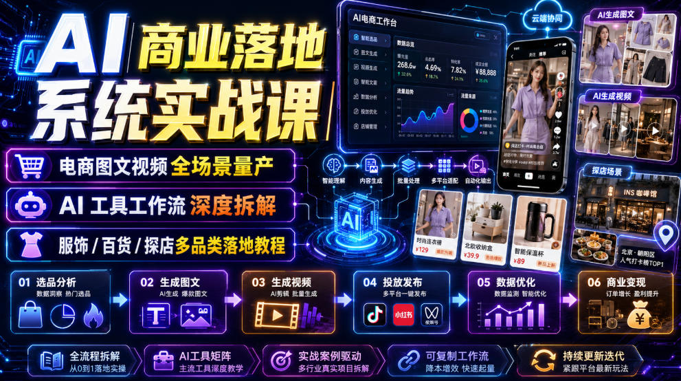 AI商业落地系统实战课｜电商图文视频全场景量产・AI工具工作流深度拆解・服饰/百货/探店多品类落地教程-项目汇