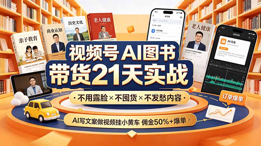 视频号AI图书带货21天实战:不用露脸×不囤货×不发愁内容,AI写文案做视频挂小黄车,佣金50%+爆单-项目汇