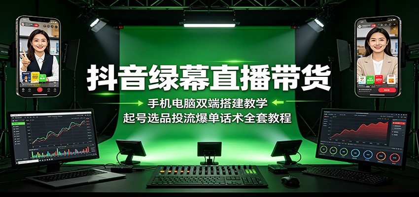 抖音绿幕直播带货：手机电脑双端搭建教学，起号选品投流爆单话术全套教程-项目汇