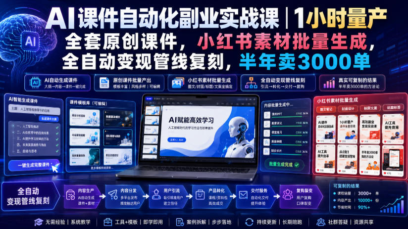 AI课件自动化副业实战课|1小时量产全套原创课件,小红书素材批量生成,全自动变现管线复刻,半年卖3000单-项目汇