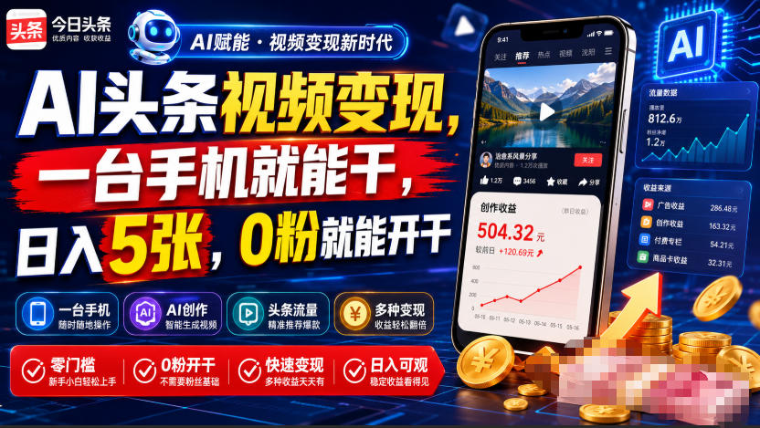 AI头条视频变现,一台手机就能干,日入5张,0粉就能开干-项目汇