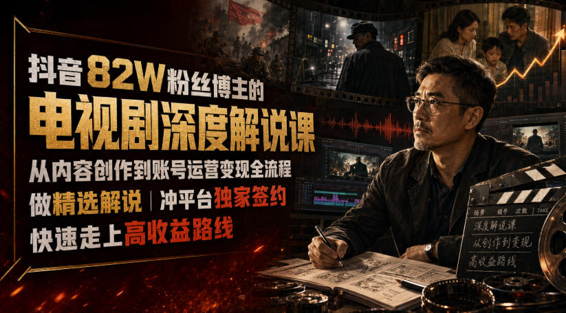 抖音82W粉丝博主的电视剧深度解说课，从内容创作到账号运营变现全流程，做精选解说，冲平台独家签约，快速走上高收益路线-项目汇