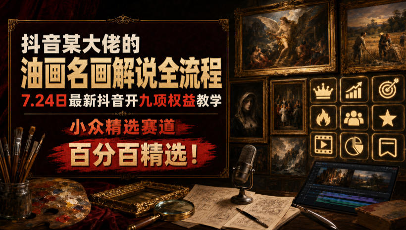 抖音某大佬的油画名画解说全流程，7.24日最新抖音开九项权益教学，小众精选赛道，百分百精选！-项目汇