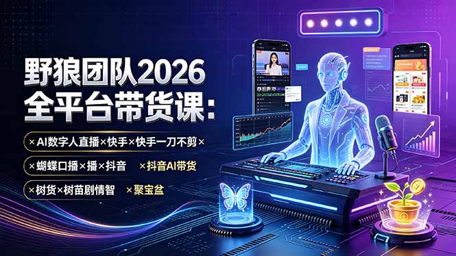 野狼团队2026全平台带货课-7月:AI数字人直播×快手一刀不剪×蝴蝶口播×抖音AI带货×树苗剧情智剪×聚宝盆-项目汇