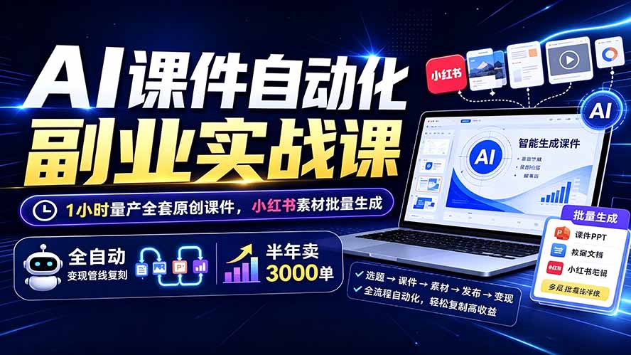 AI课件自动化副业实战课：1小时量产全套原创课件×小红书素材批量生成×全自动变现管线×半年卖3000单-项目汇