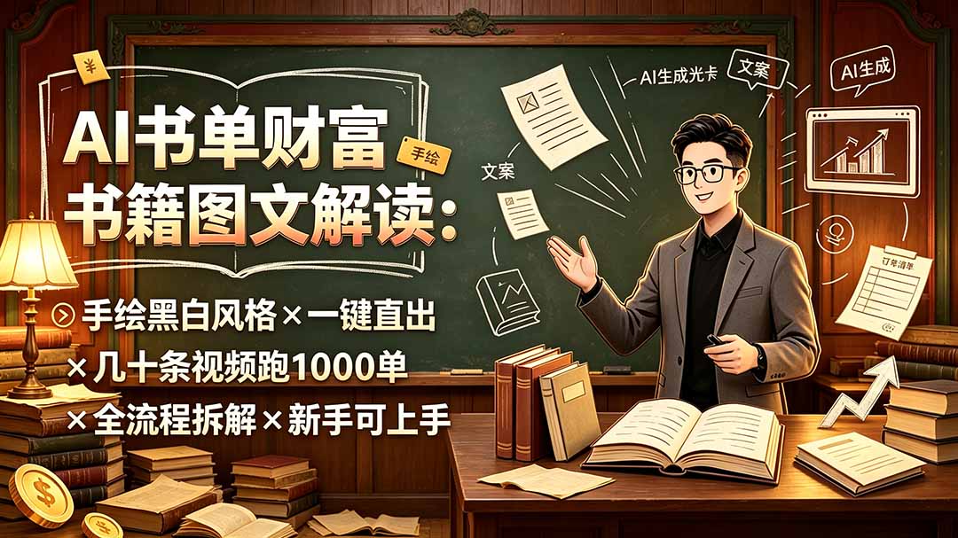 AI书单财富书籍图文解读:手绘黑白风格×一键直出×几十条视频跑1000单×全流程拆解×新手可上手-项目汇