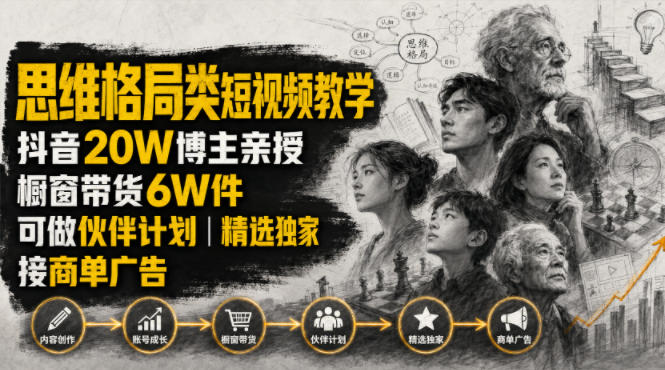 人性思维格局类短视频教学，抖音20W博主亲授，橱窗带货6W件，可做伙伴计划、精选独家、接商单广告-项目汇