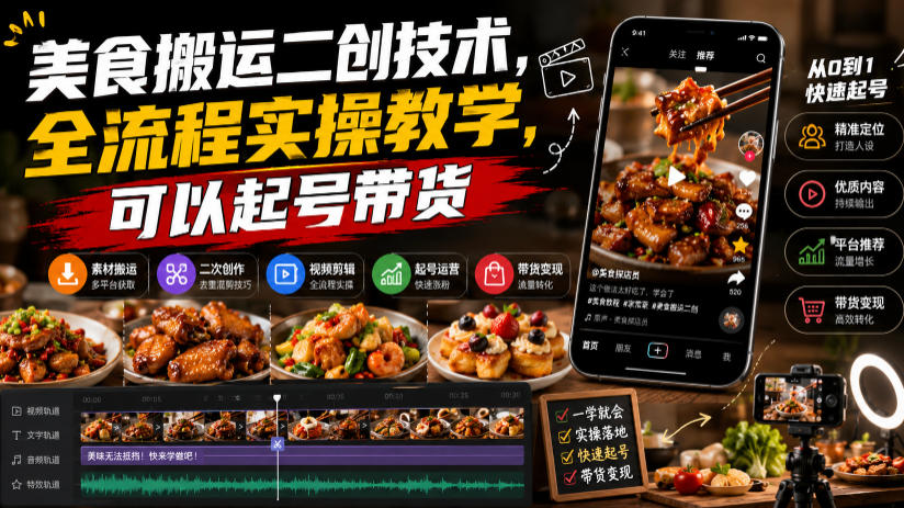 美食搬运二创技术，全流程实操教学，可以起号带货-项目汇