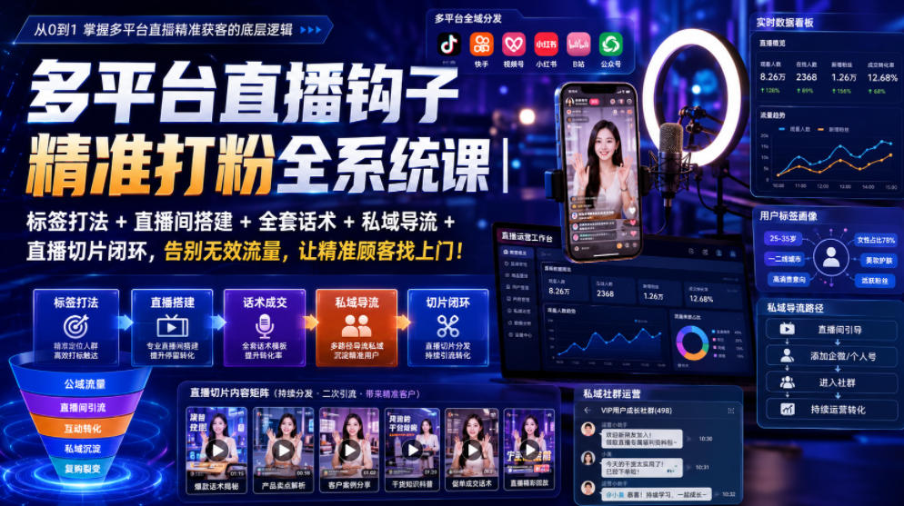多平台直播钩子精准打粉全系统课｜标签打法+直播间搭建+全套话术+私域导流+直播切片闭环，告别无效流量，让精准顾客找上门！-项目汇