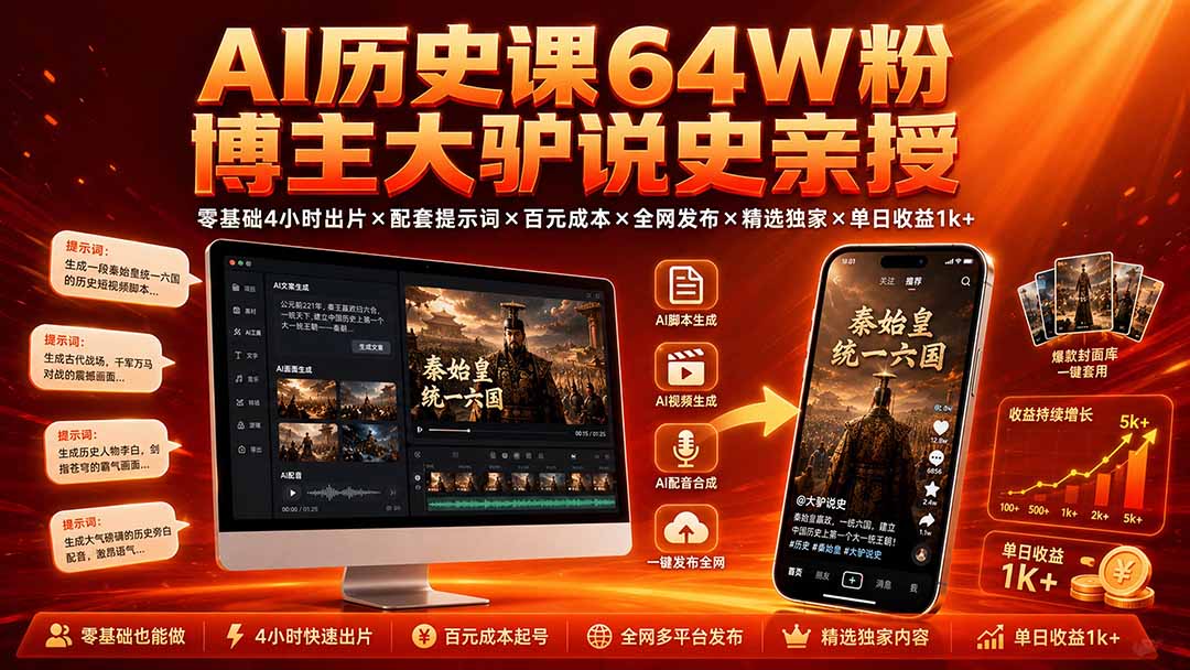 AI历史课64W粉博主大驴说史亲授：零基础4小时出片×配套提示词×百元成本×全网发布×精选独家×单日收益1k+-项目汇
