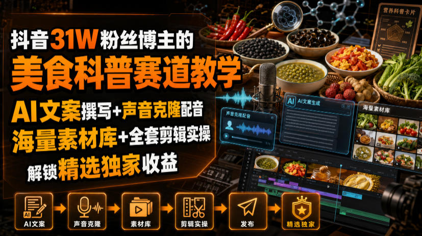 抖音31W粉丝博主的美食科普赛道教学,AI文案撰写+声音克隆配音+剪辑实操,解锁精选独家收益-项目汇