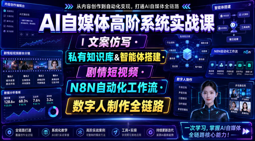 AI自媒体高阶系统实战课｜文案仿写・私有知识库&智能体搭建・剧情短视频・N8N自动化工作流・数字人制作全链路-项目汇