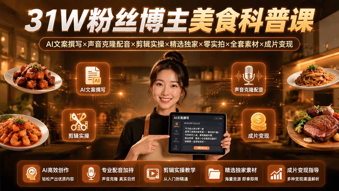 31W粉丝博主美食科普课：AI文案撰写×声音克隆配音×剪辑实操×精选独家×零实拍×全套素材×成片变现-项目汇