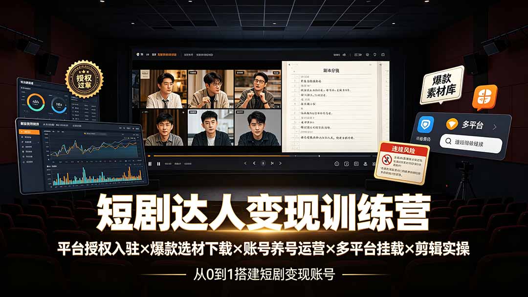 短剧达人变现训练营：平台授权入驻×爆款选材下载×账号养号运营×多平台挂载×剪辑实操×违规处理全流程-项目汇