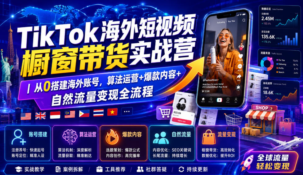 TikTok海外短视频橱窗带货实战营｜从0搭建海外账号，算法运营+爆款内容+自然流量变现全流程-项目汇