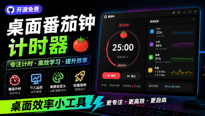 仅1.16MB，开源极简的桌面时钟、番茄钟计时器，还支持系统监控显示，桌面效率小工具Catime-项目汇