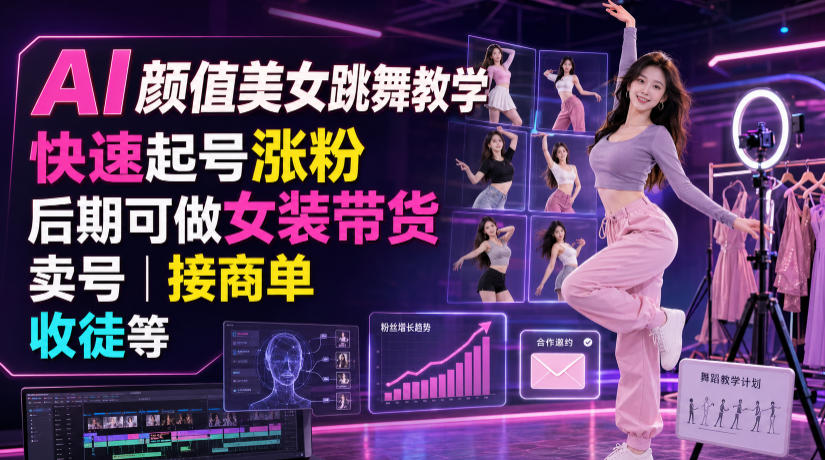 AI颜值美女跳舞教学,快速起号涨粉,后期可做女装带货,卖号,接商单,收徒等-项目汇