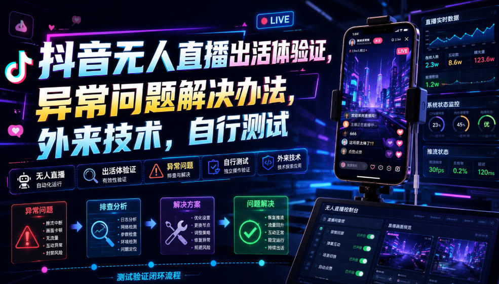 抖音无人直播出活体验证,异常问题解决办法,外来技术,自行测试-项目汇