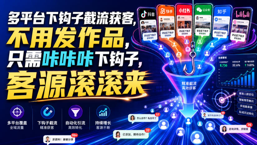 多平台下钩子截流获客,不用发作品,只需咔咔咔下钩子,客源滚滚来-项目汇