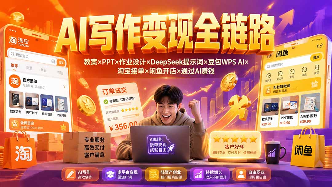 2026AI写作变现全链路：教案×PPT×作业设计×DeepSeek提示词×豆包WPS AI×淘宝接单×闲鱼开店×通过AI賺钱-项目汇