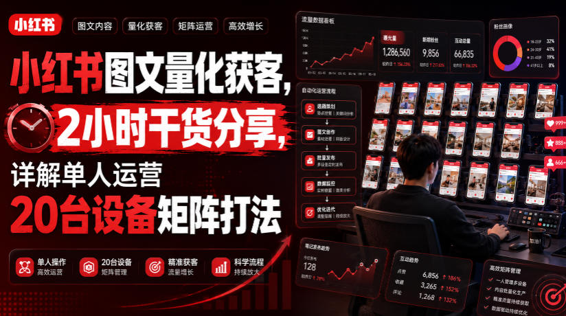 小红书图文量化获客，2小时干货分享，详解单人运营20台设备矩阵打法-项目汇